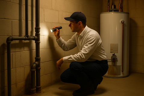 A person kneeling down holding a flashlight
