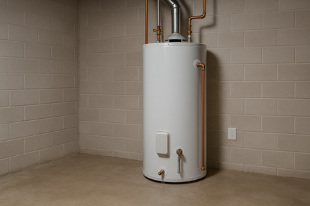 A white water heater tank with copper pipes