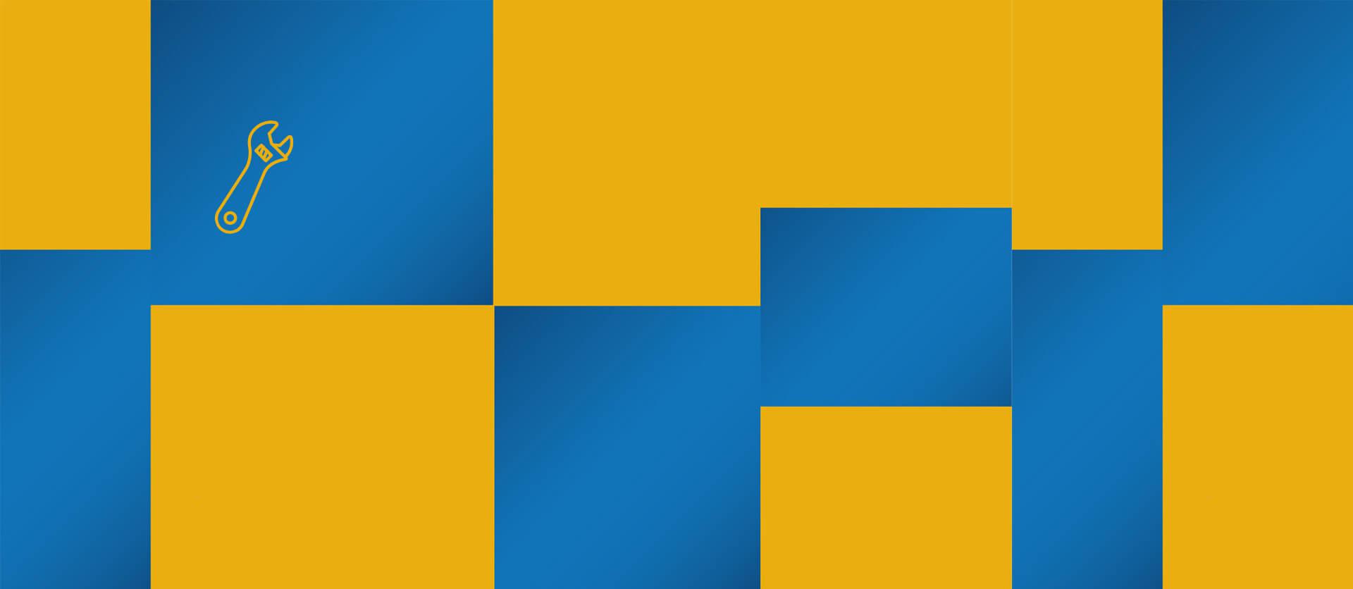 Blue and yellow pattern with a wrench icon.