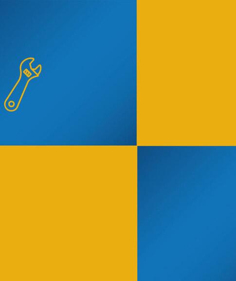 Blue and yellow pattern with a wrench icon.