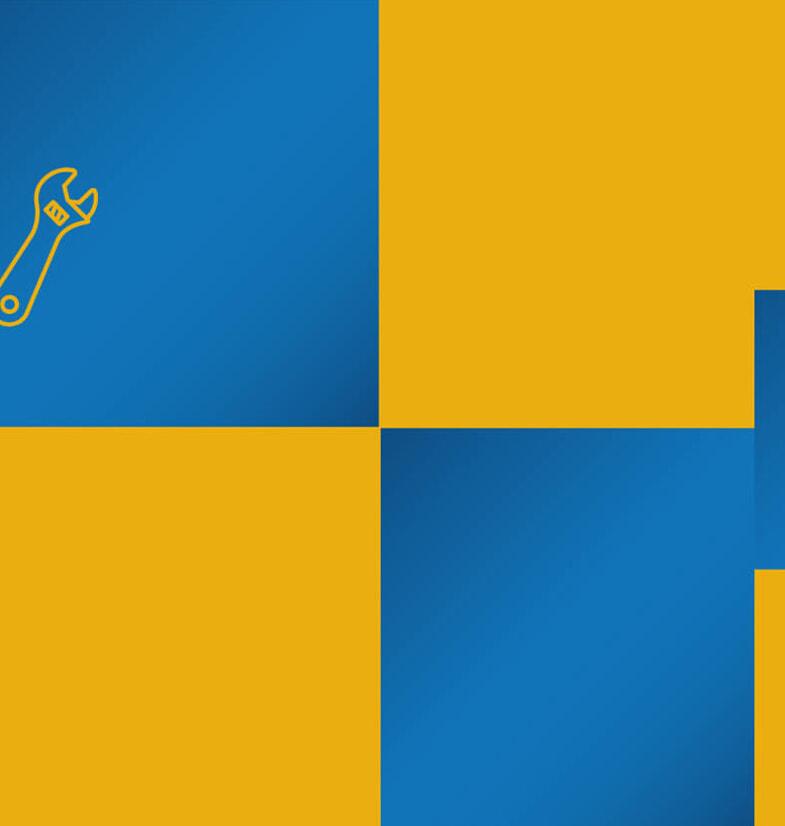 Blue and yellow pattern with a wrench icon.