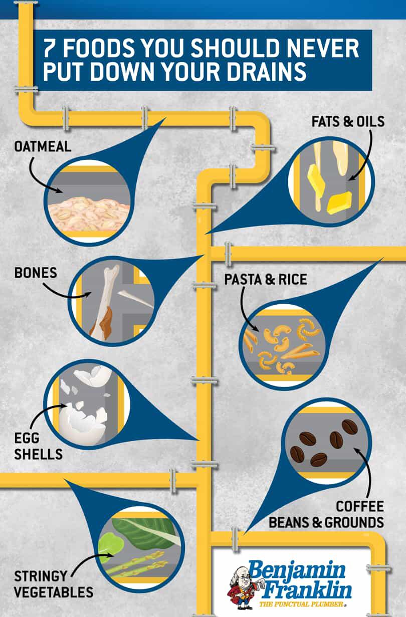 infographic depicting seven foods that should not go down the drain
