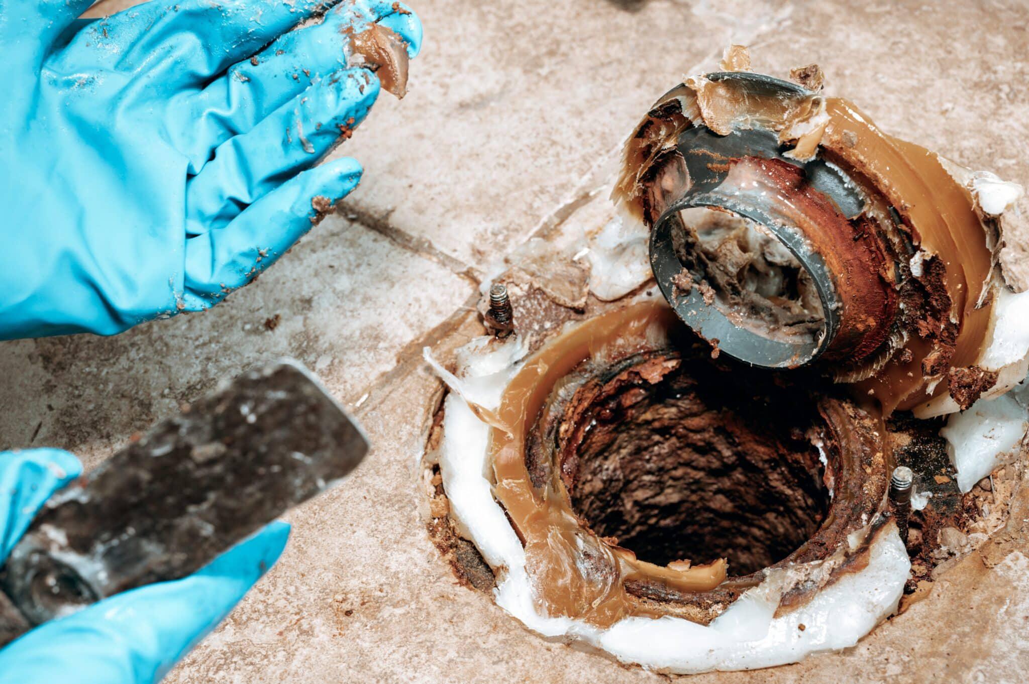 hand inspecting inside of plumbing drain