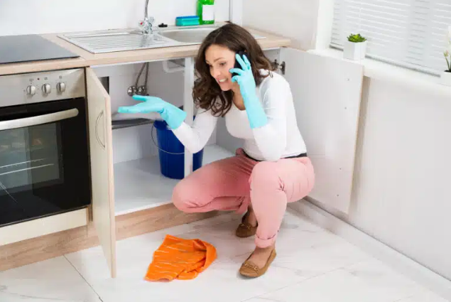 woman kneeling by sink on phone with look of frustration