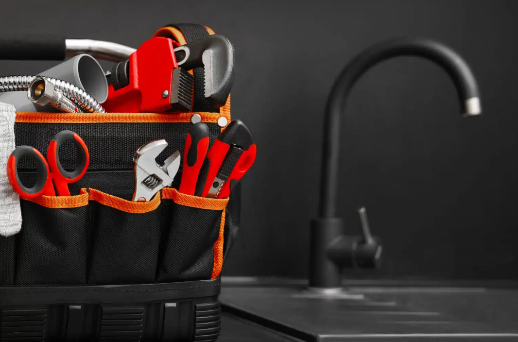 plumbing bag with tools with kitchen sink in background