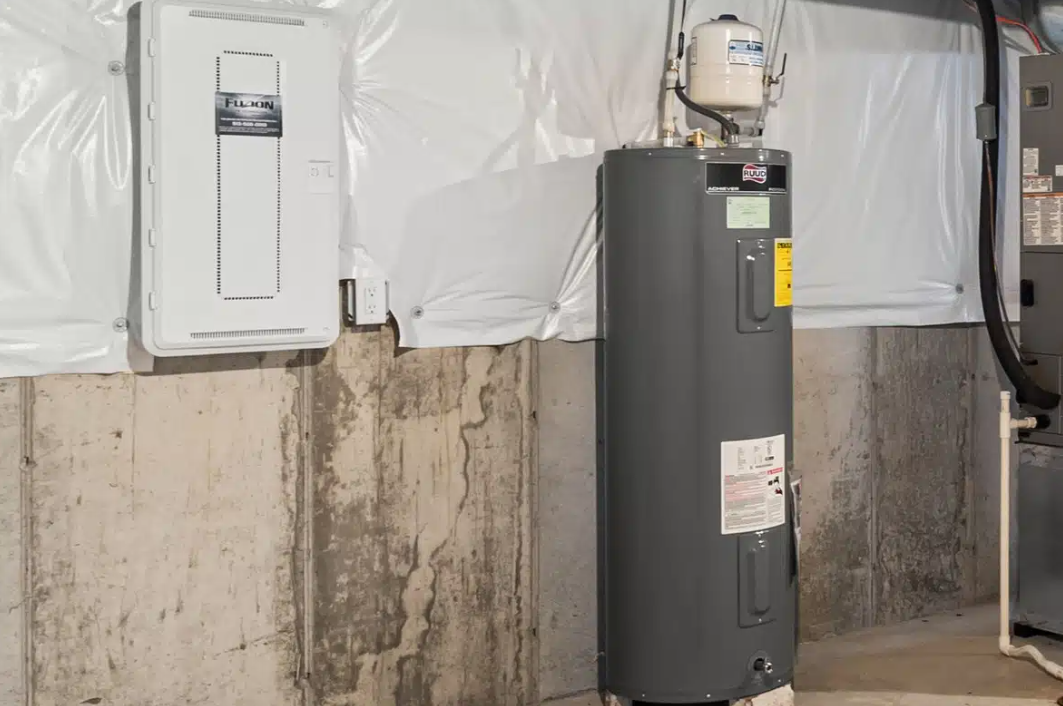 gray water heater in unfinished basement