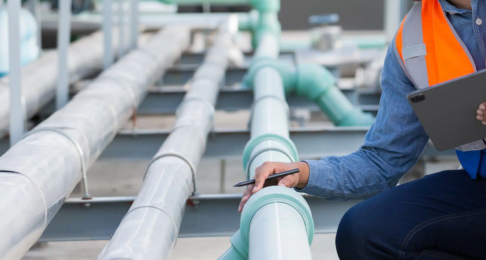 plumber with tablet inspecting pipes