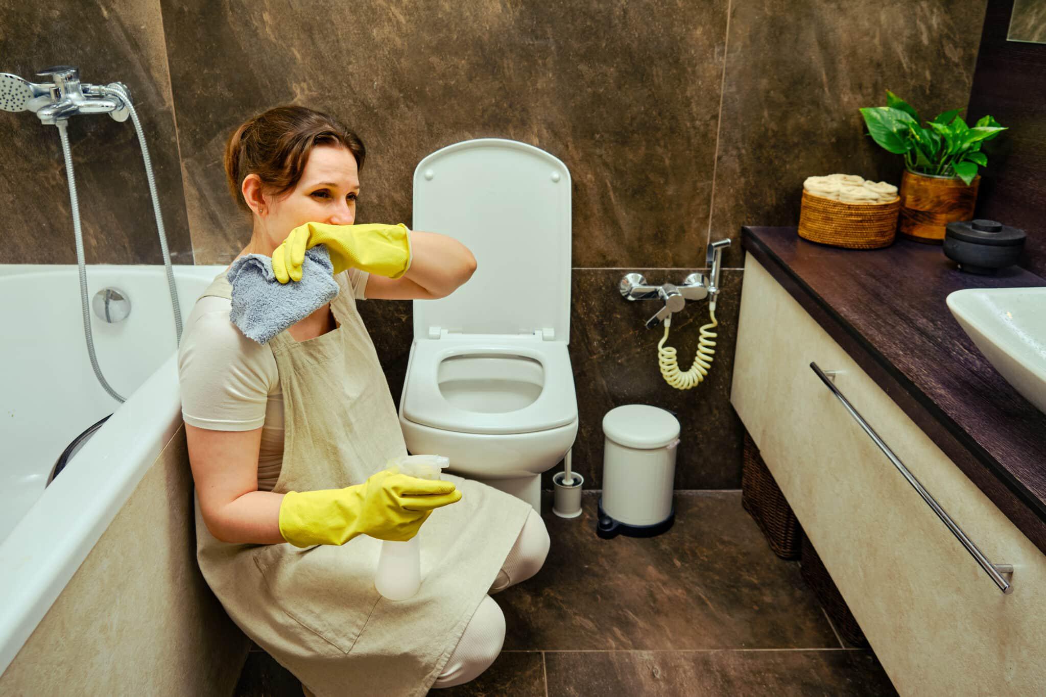 woman cleaning bathroom and covering nose